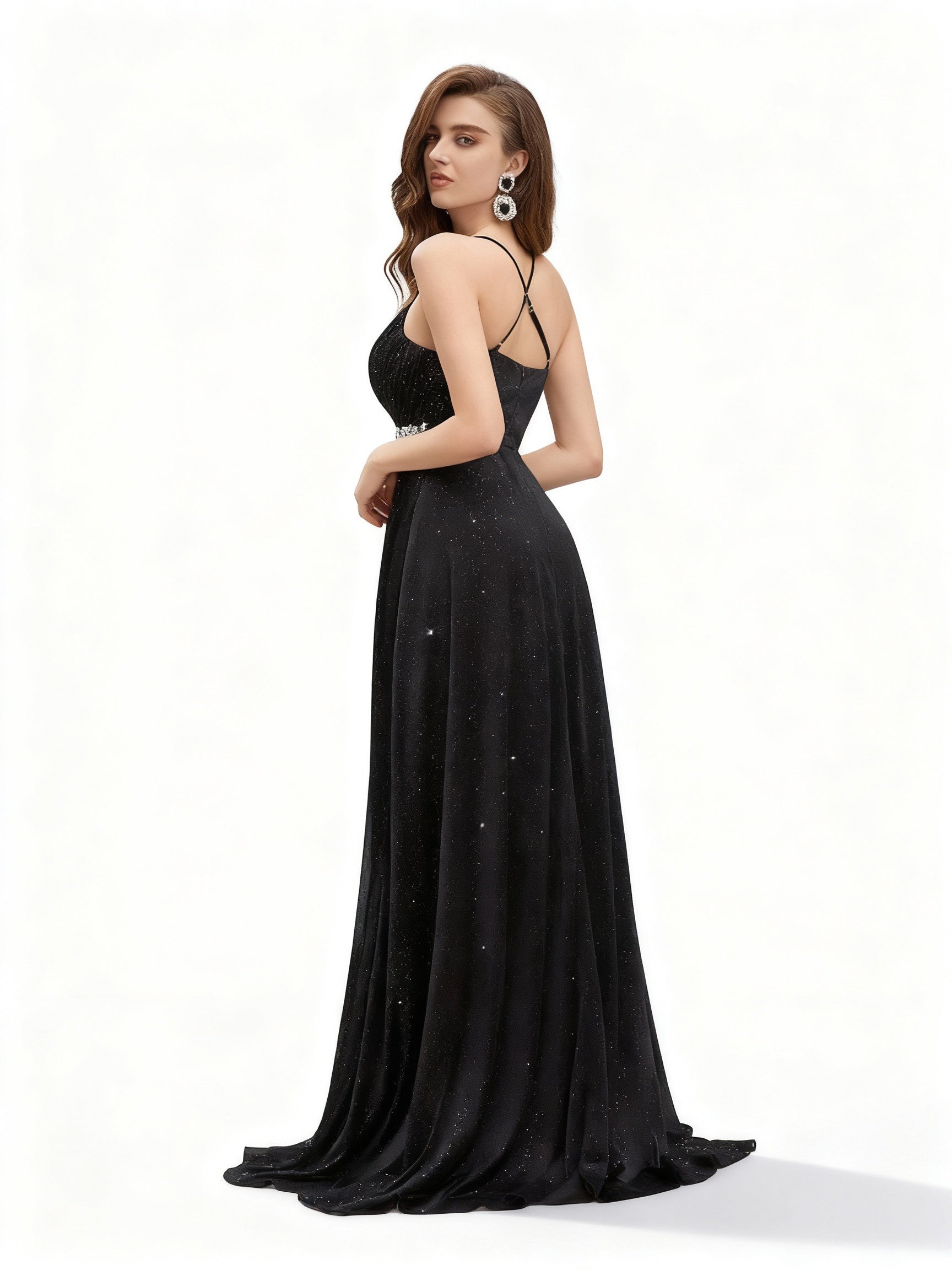 Sovae | Glamouröses Kleid mit Strassverzierter Taille und Schlitz