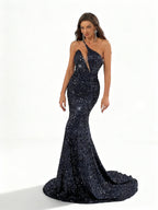 Sovae | Glamouröses Marineblaues Paillettenkleid mit Einem Schulterträger