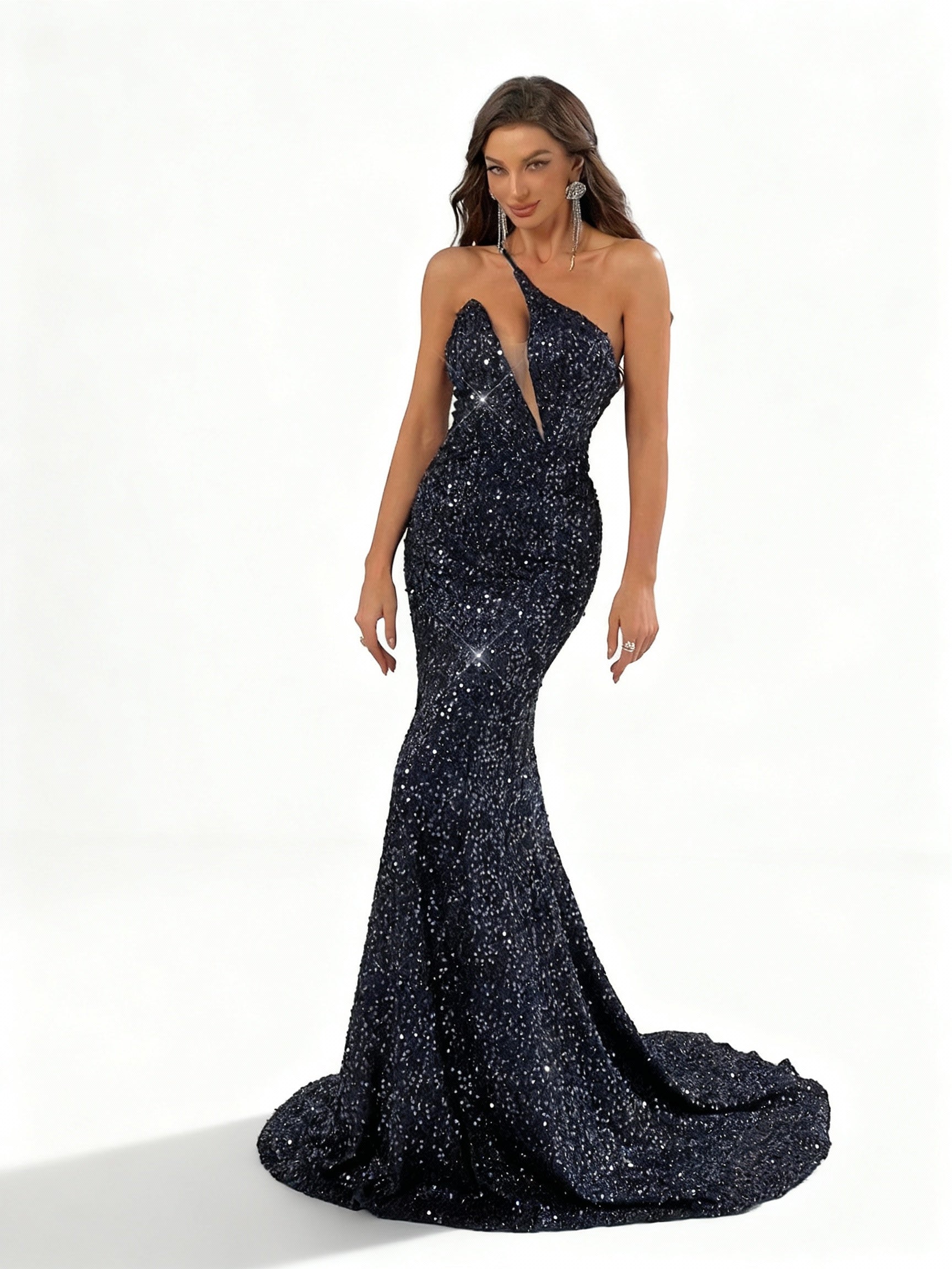 Sovae | Glamouröses Marineblaues Paillettenkleid mit Einem Schulterträger