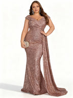 Sovae | Champagnerfarbenes Kleid in Übergröße mit Überkreuztem V-Ausschnitt