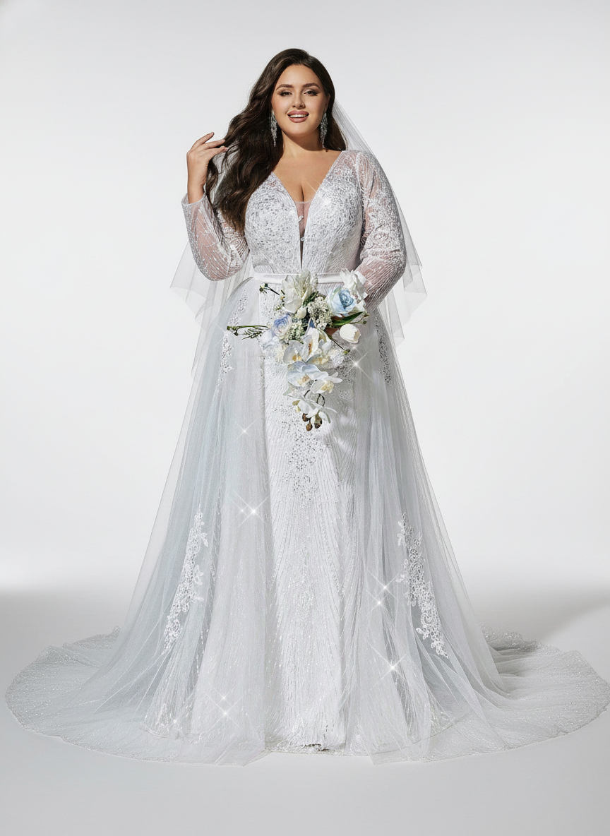 Sovae | Romantisches Weißes Besticktes Brautkleid mit V-Ausschnitt und Langarm in Übergröße