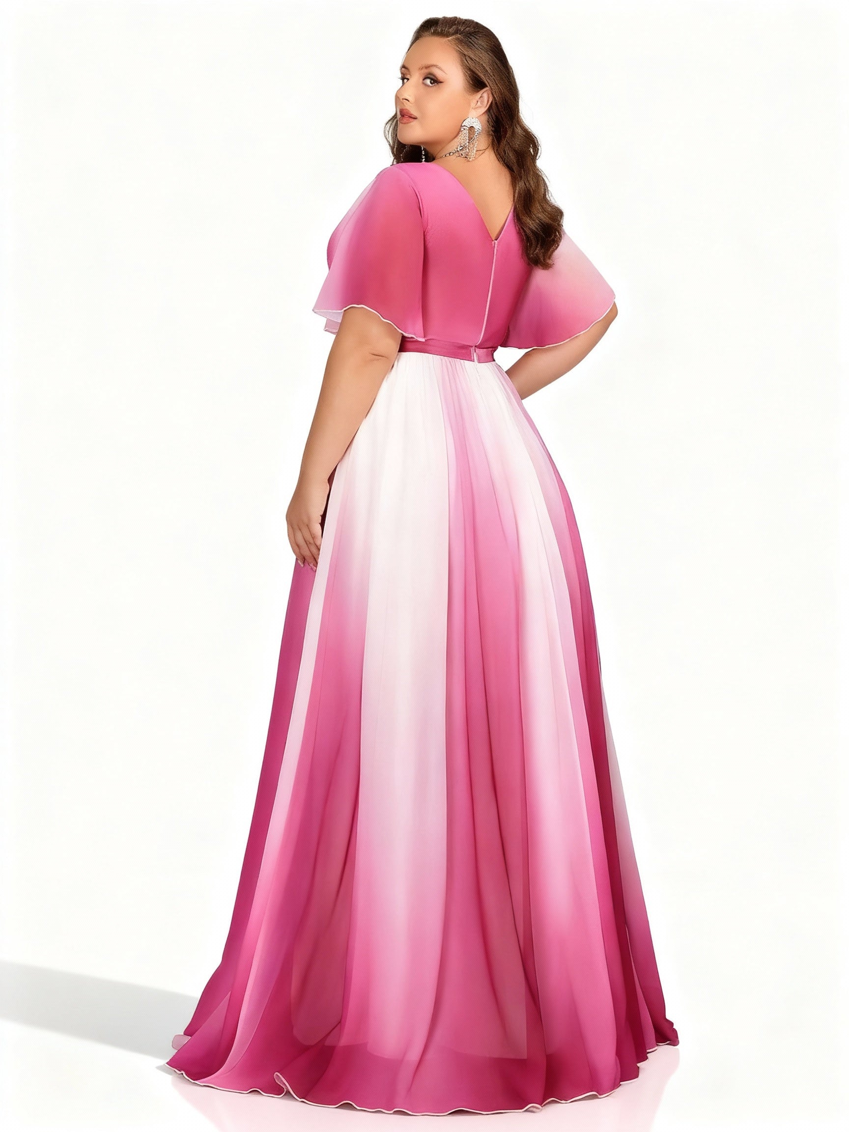 Sovae | Elegantes Chiffonkleid in Übergröße mit Farbverlauf, V-Ausschnitt und Schlitz