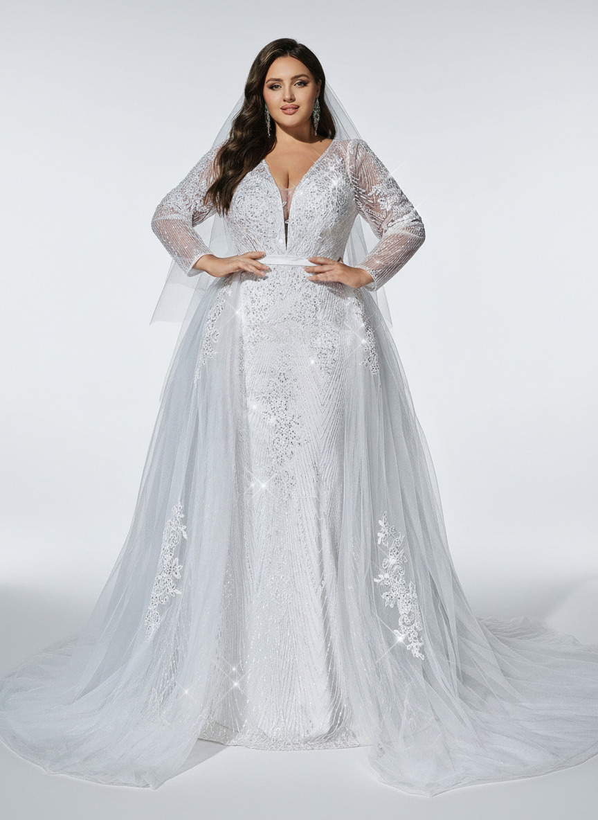 Sovae | Romantisches Weißes Besticktes Brautkleid mit V-Ausschnitt und Langarm in Übergröße