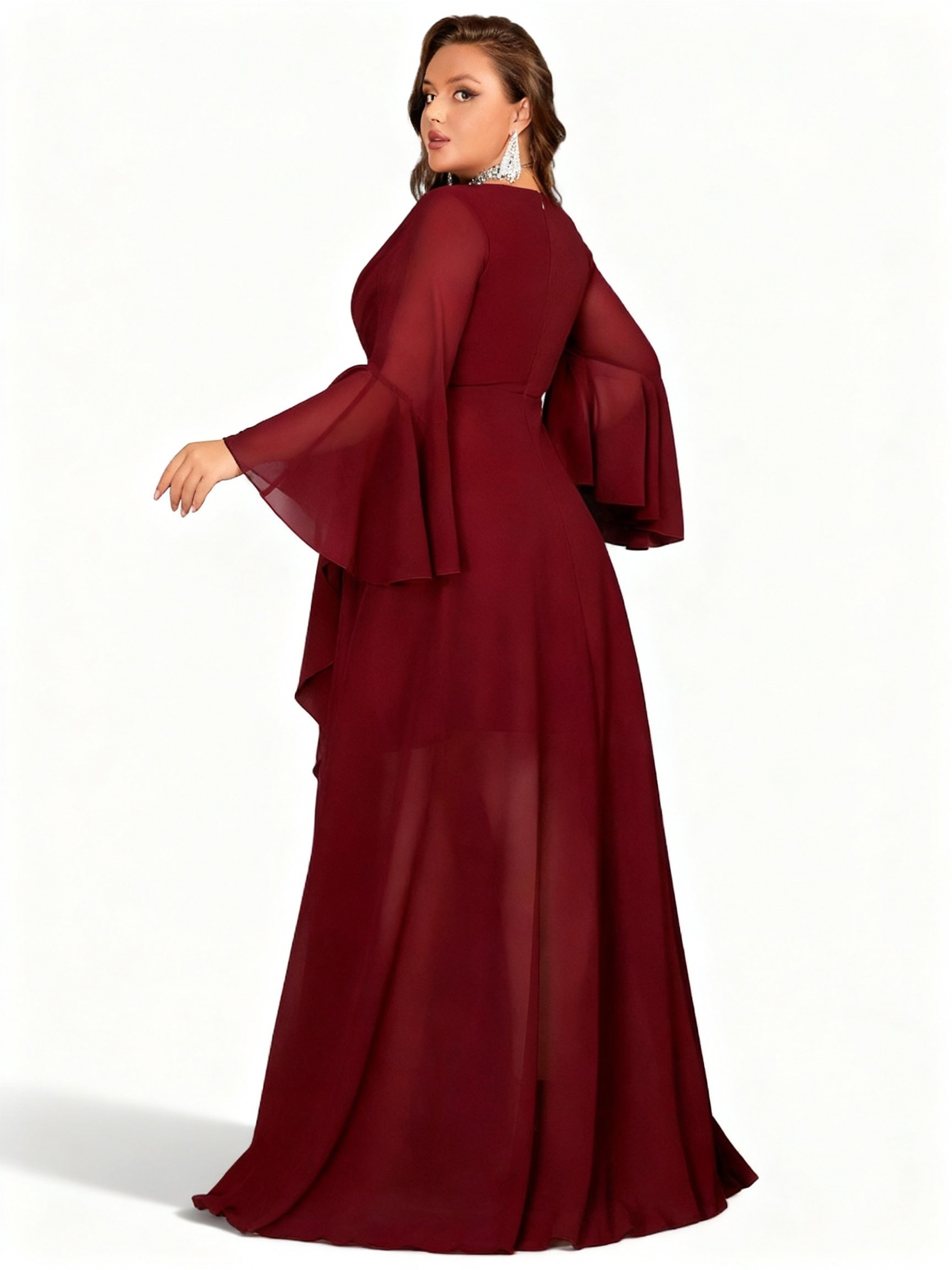 Sovae | Burgunderfarbenes Kleid mit Asymmetrischem Saum und Langen Ärmeln