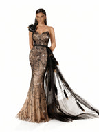 Sovae | Göttliches Schwarzes Paillettenkleid mit Applikationen und Asymmetrischem Ausschnitt