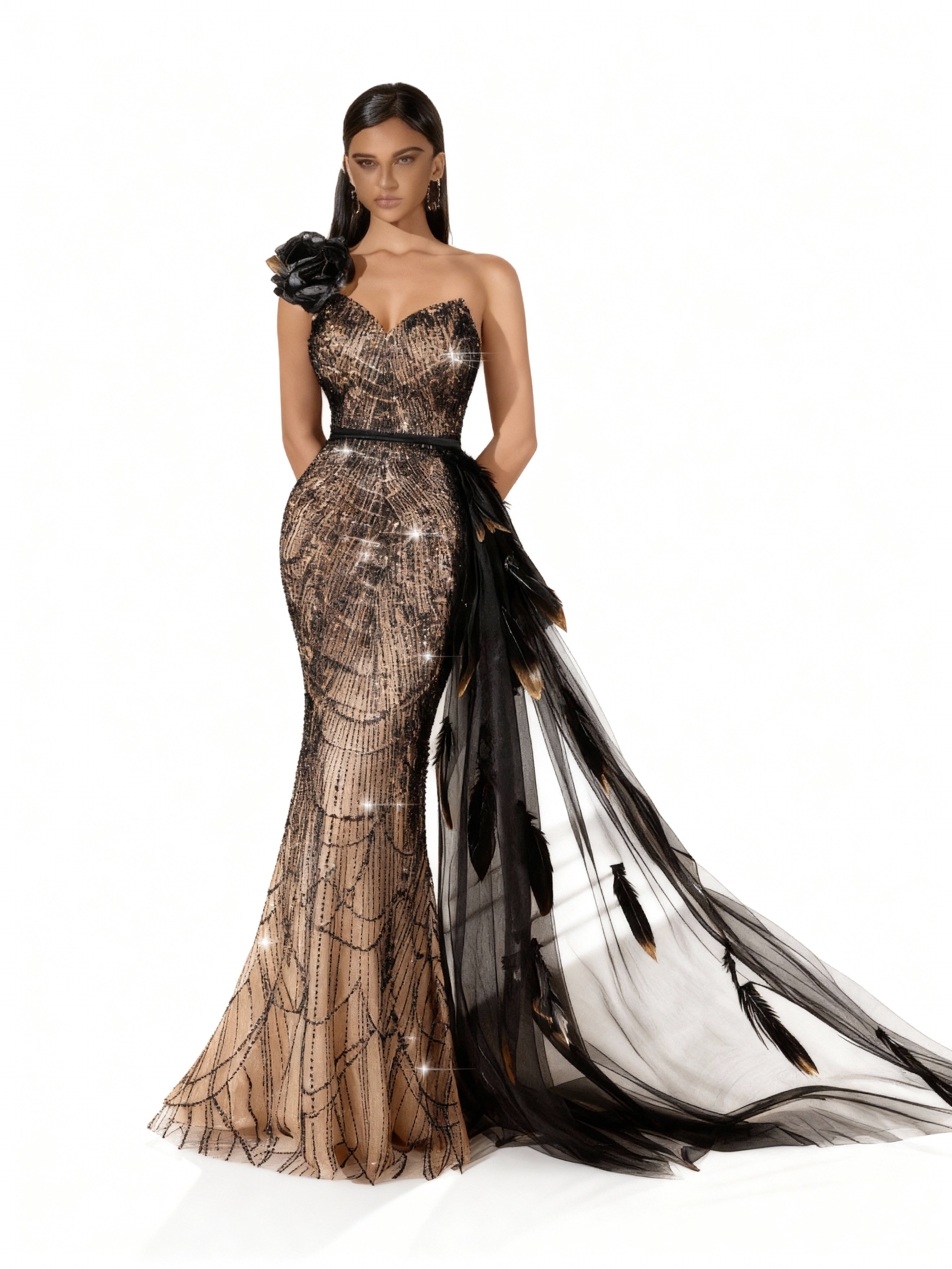 Sovae | Göttliches Schwarzes Paillettenkleid mit Applikationen und Asymmetrischem Ausschnitt