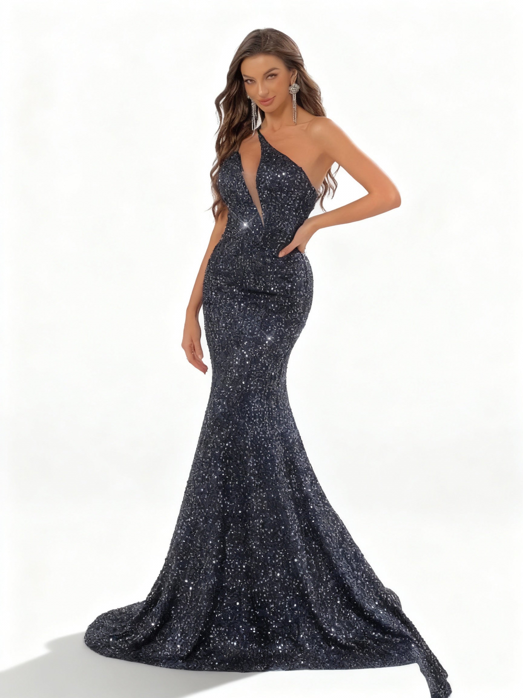 Sovae | Glamouröses Marineblaues Paillettenkleid mit Einem Schulterträger