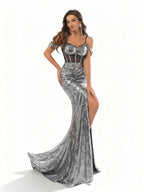 Sovae | Glamouröses Metallic-Paillettenkleid ohne Träger mit Hohem Schlitz