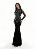 Sovae | Edles Abendkleid in Schwarz mit Strassbesatz, langen Ärmeln und Meerjungfrauen-Saum