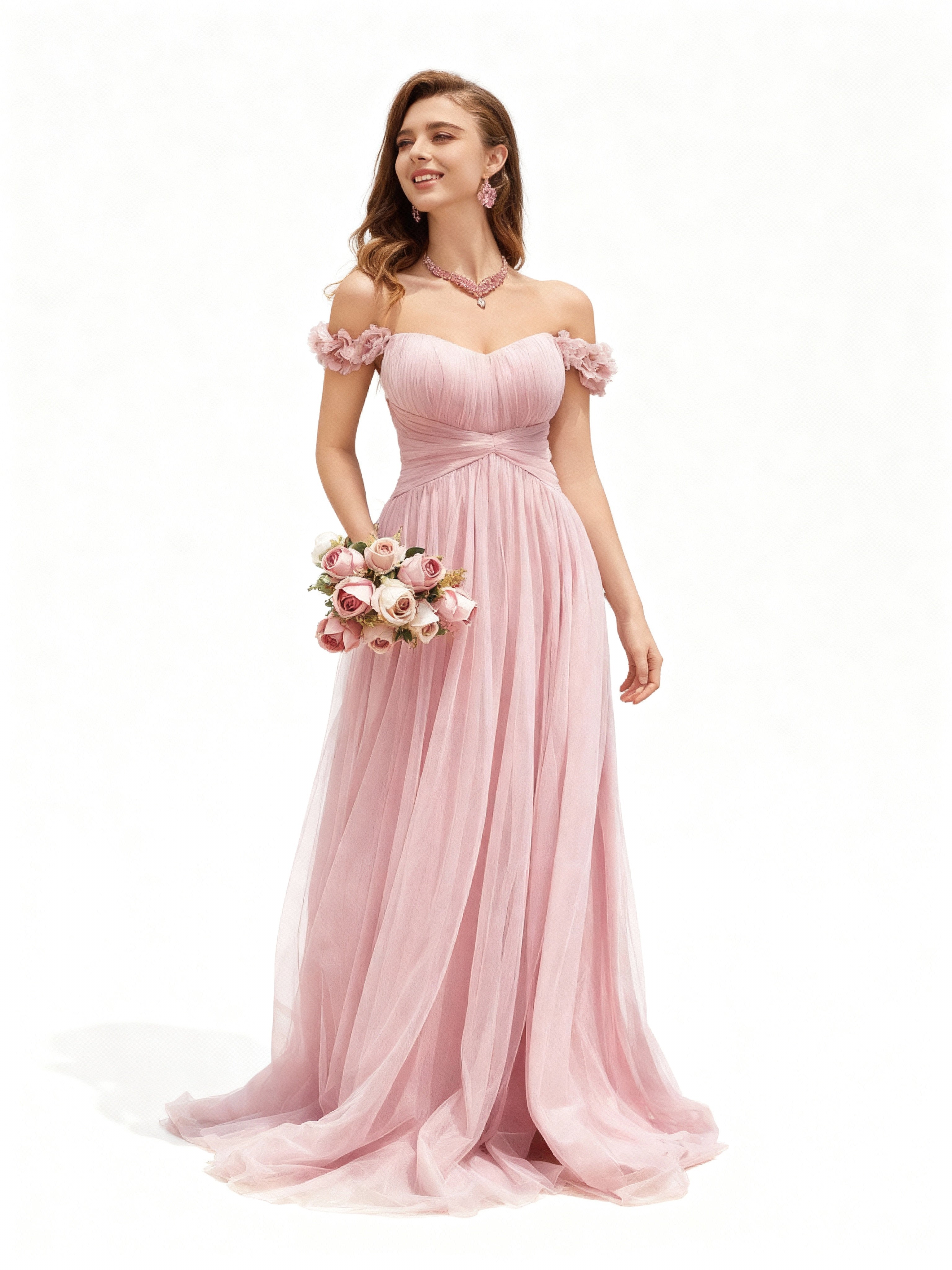 Sovae | Sommerliches Abendkleid in Rosa mit Blumenverzierung und Schlitz in der Taille