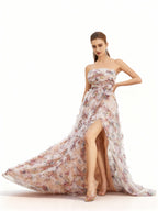 Sovae | Sommerliches Abendkleid mit Blumenmuster, offenem Rücken und hohem Beinschlitz