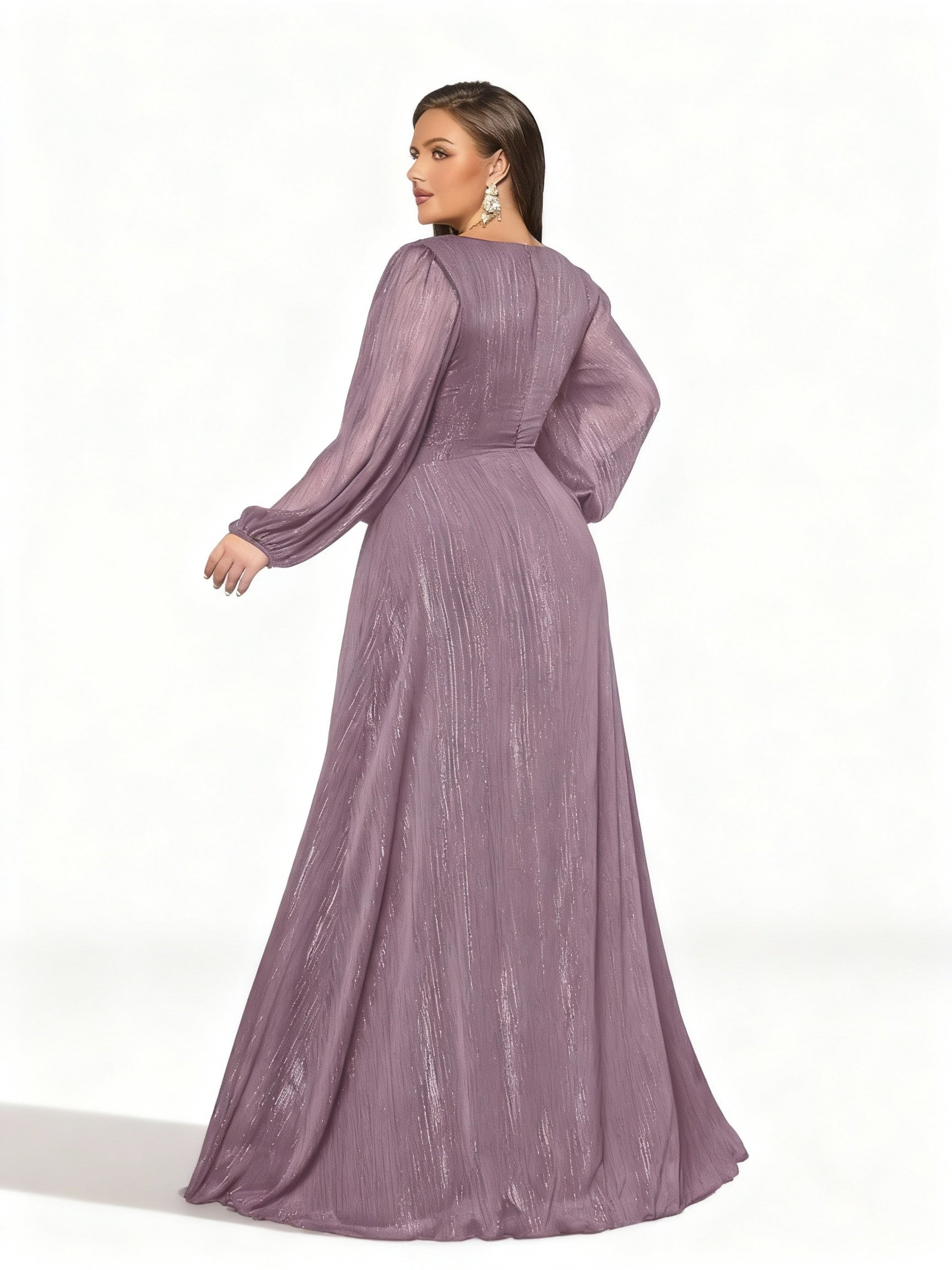 Sovae | Einfarbiges Langes Kleid mit Rüschen und Laternenärmeln