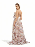 Sovae | Sommerliches Abendkleid mit Blumenmuster, offenem Rücken und hohem Beinschlitz