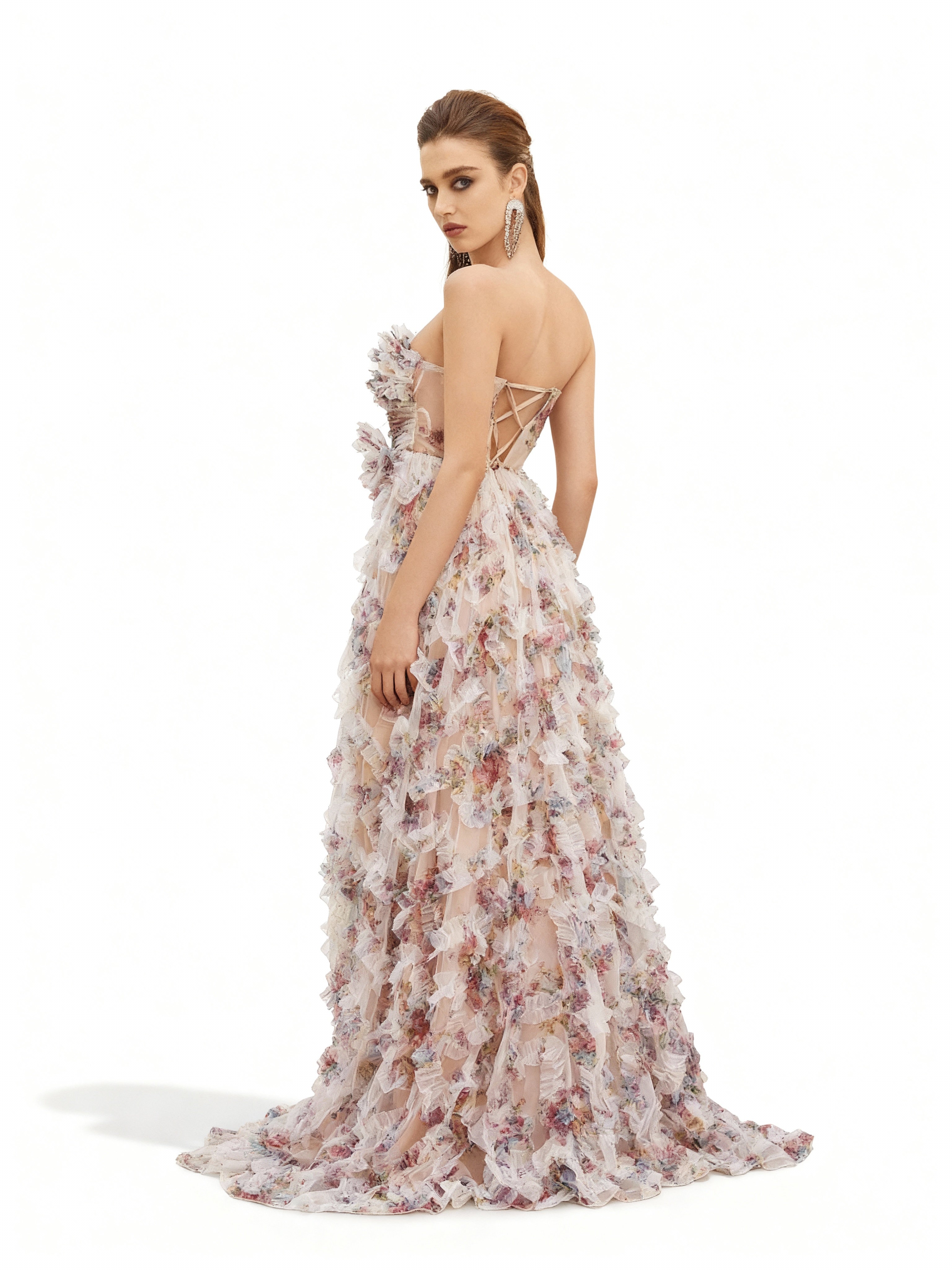 Sovae | Sommerliches Abendkleid mit Blumenmuster, offenem Rücken und hohem Beinschlitz