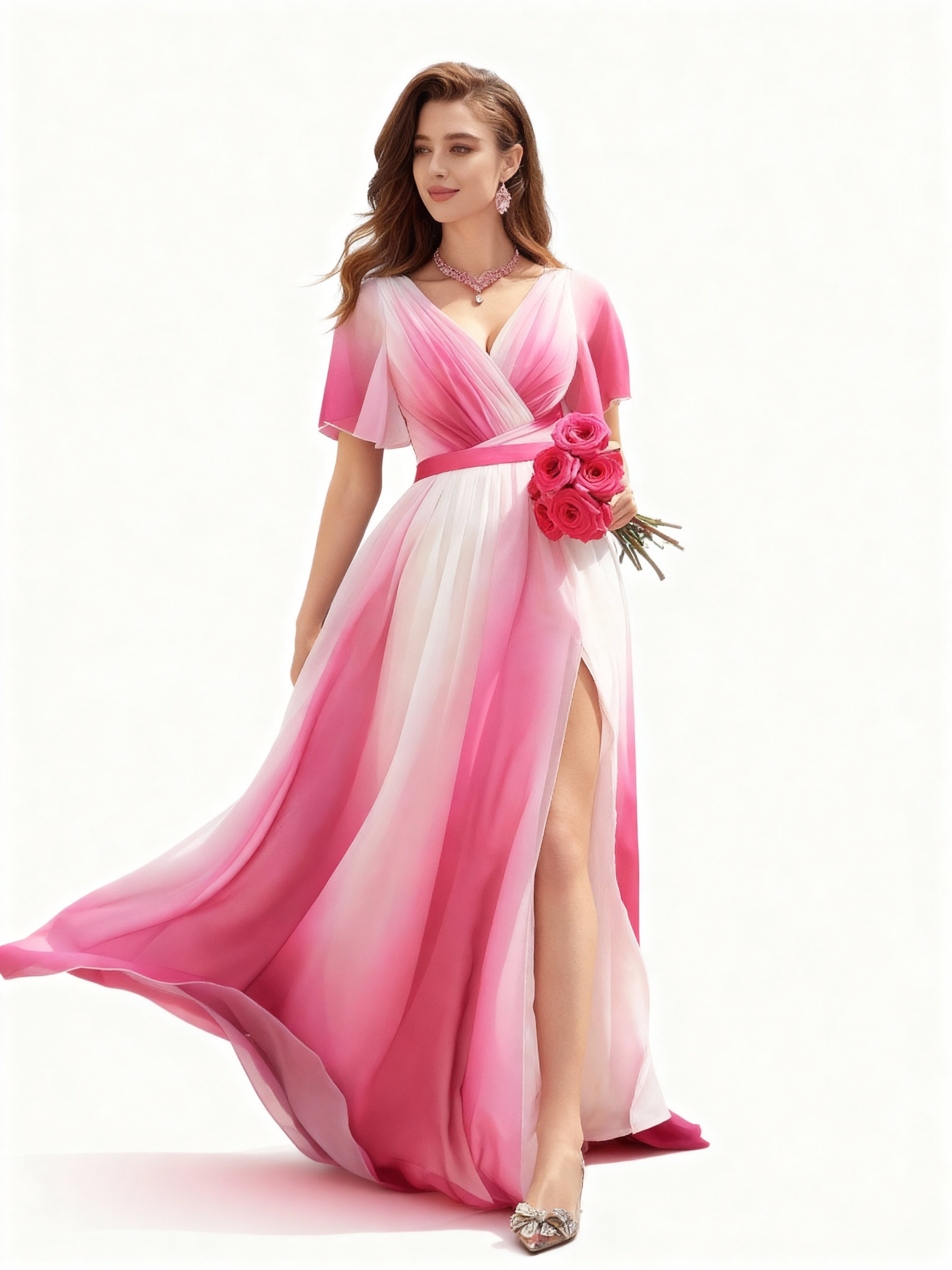 Sovae | Romantisches Abendkleid mit Farbverlauf, Wickeldesign und hohem Schlitz