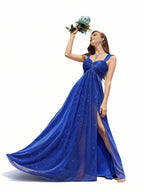 Sovae | Glänzendes Brautjungfernkleid mit Trägern und Schlitz für festliche Anlässe