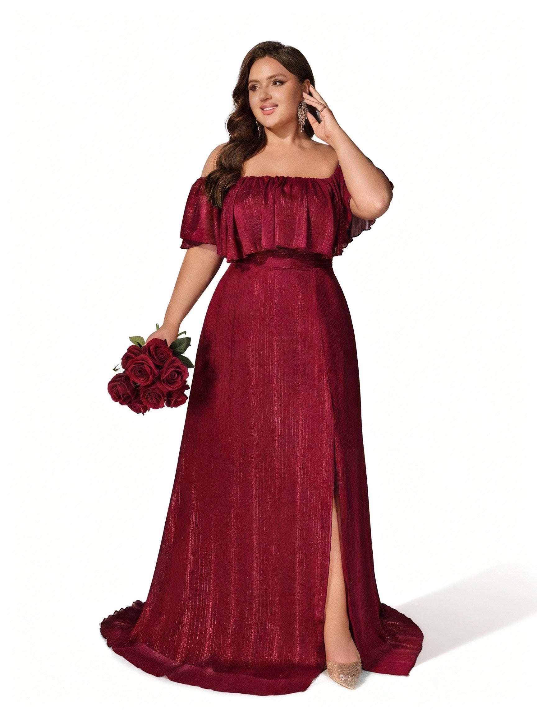 Sovae | Burgunderfarbenes Schulterfreies Abendkleid mit weitem Saum in Übergröße