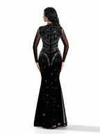 Sovae | Edles Abendkleid in Schwarz mit Strassbesatz, langen Ärmeln und Meerjungfrauen-Saum