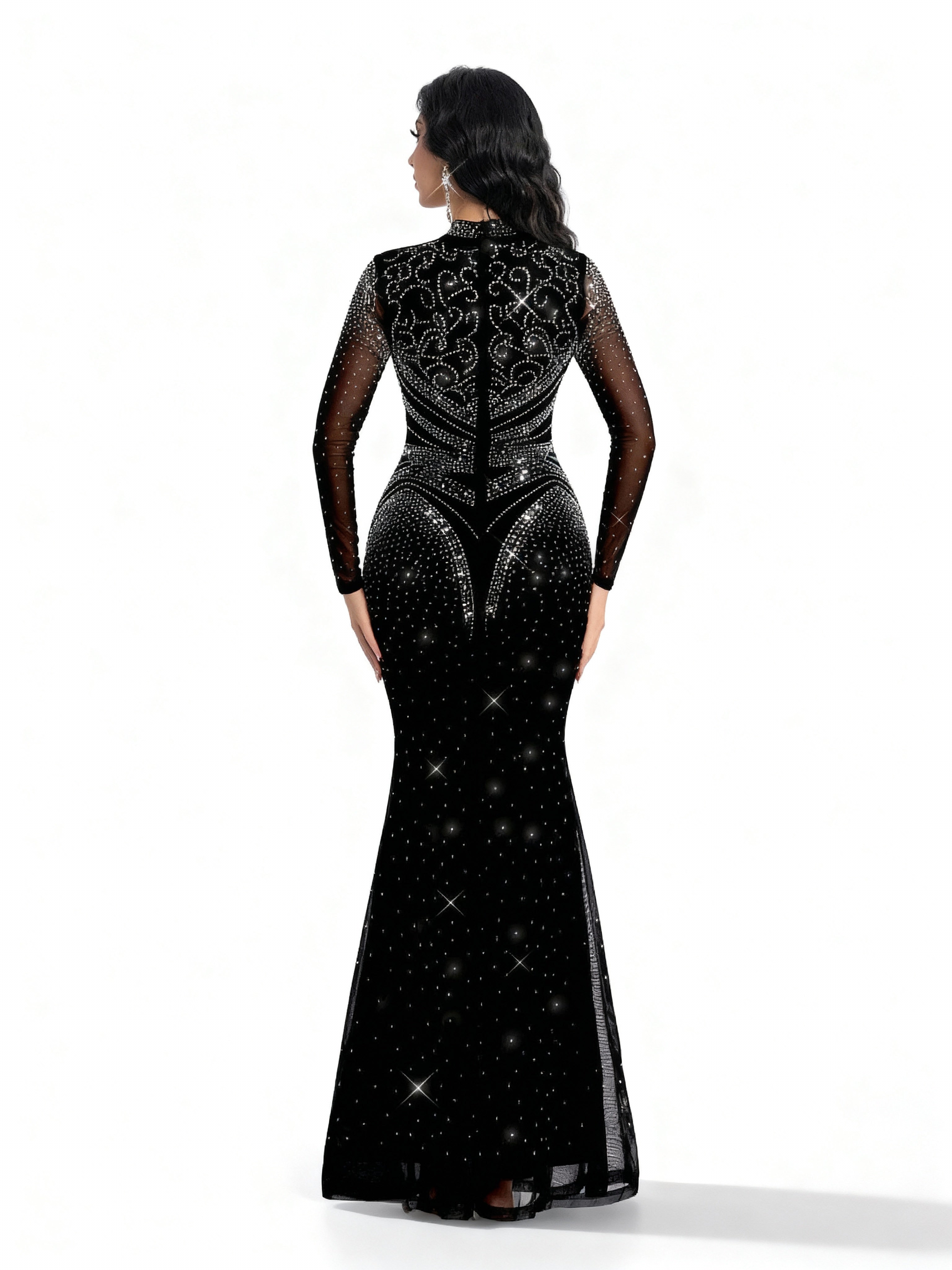 Sovae | Edles Abendkleid in Schwarz mit Strassbesatz, langen Ärmeln und Meerjungfrauen-Saum