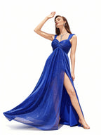 Sovae | Glänzendes Brautjungfernkleid mit Trägern und Schlitz für festliche Anlässe