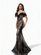 Sovae | Schwarzes Pailletten-Abendkleid mit schulterfreiem Design und Fischschwanz-Saum