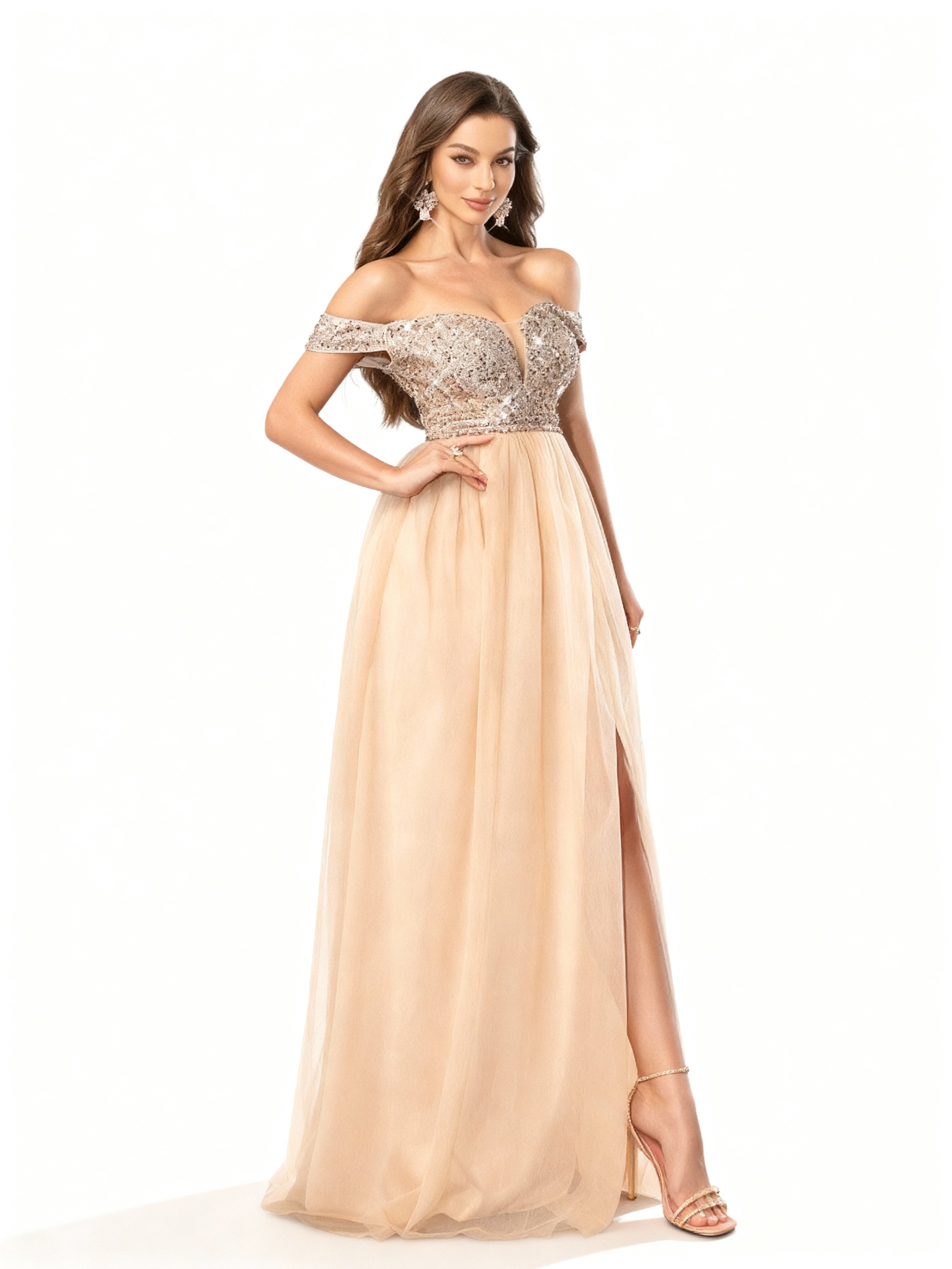 Sovae | Elegantes Abendkleid mit Pailletten, Netzstoff und seitlichem Schlitz