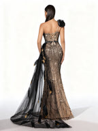 Sovae | Göttliches Schwarzes Paillettenkleid mit Applikationen und Asymmetrischem Ausschnitt