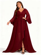 Sovae | Burgunderfarbenes Kleid mit Asymmetrischem Saum und Langen Ärmeln