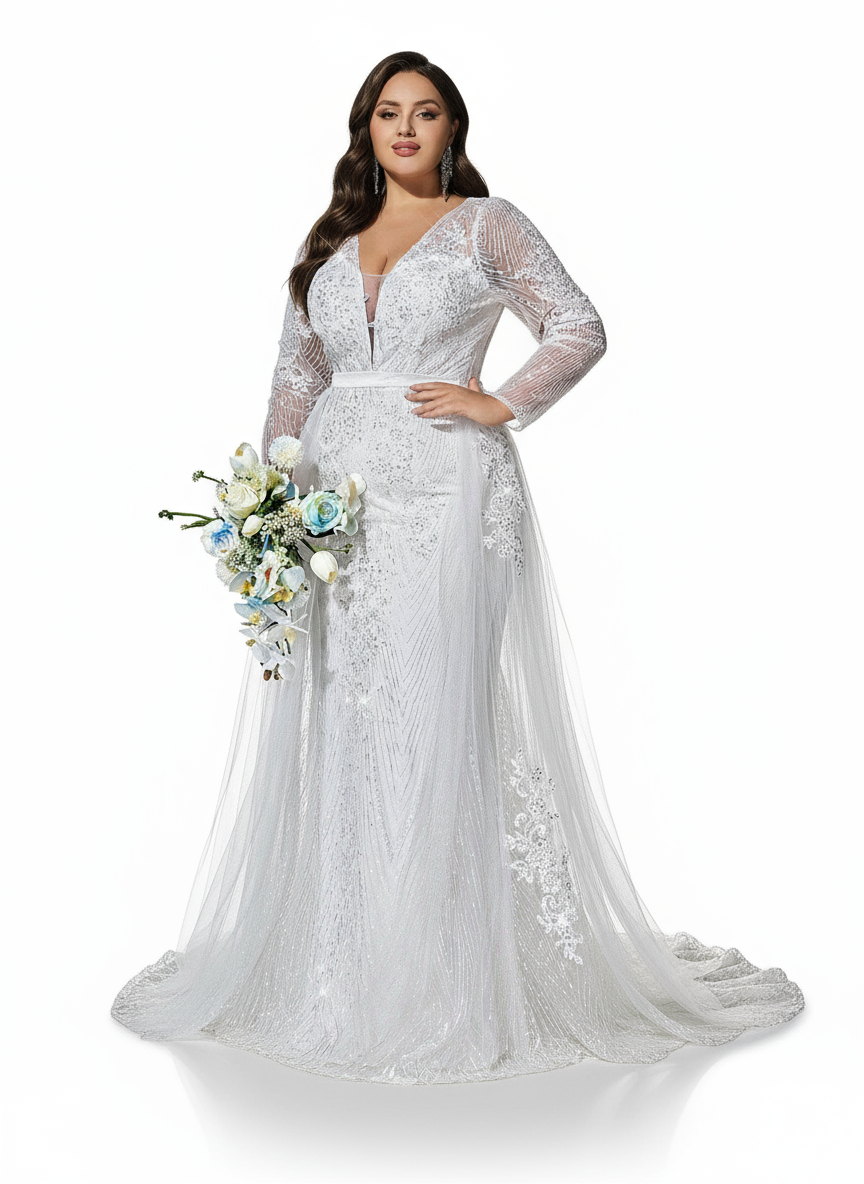 Sovae | Romantisches Weißes Besticktes Brautkleid mit V-Ausschnitt und Langarm in Übergröße