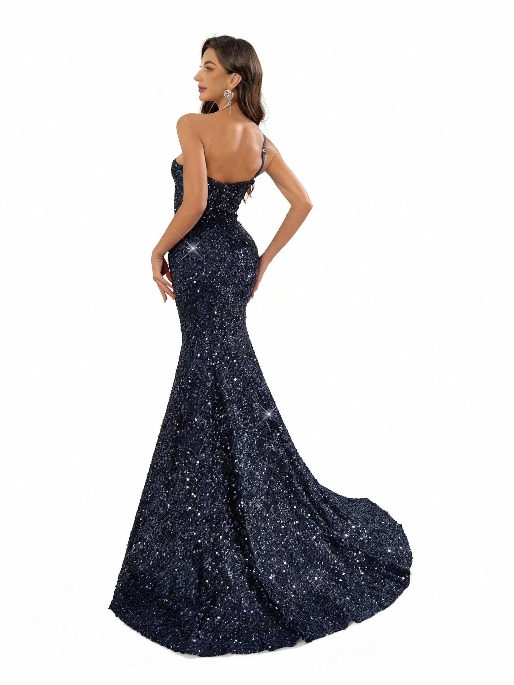 Sovae | Glamouröses Marineblaues Paillettenkleid mit Einem Schulterträger