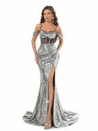 Sovae | Glamouröses Metallic-Paillettenkleid ohne Träger mit Hohem Schlitz