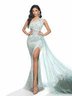 Sovae | Fliederfarbenes Trägerloses Kleid mit Hohem Schlitz