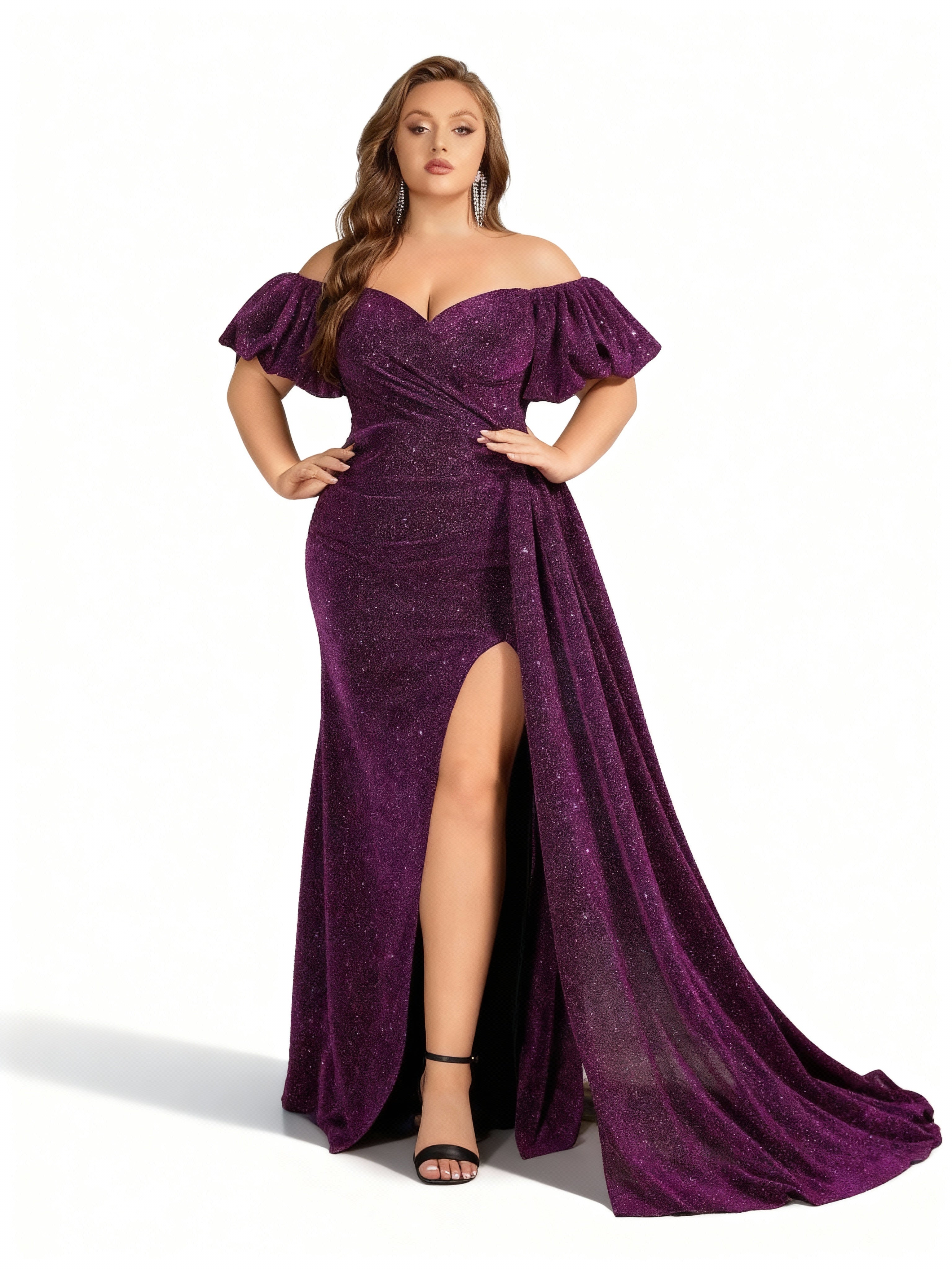 Sovae | Schulterfreies Langkleid mit Schlitz in Großen Größen