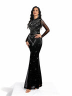 Sovae | Edles Abendkleid in Schwarz mit Strassbesatz, langen Ärmeln und Meerjungfrauen-Saum