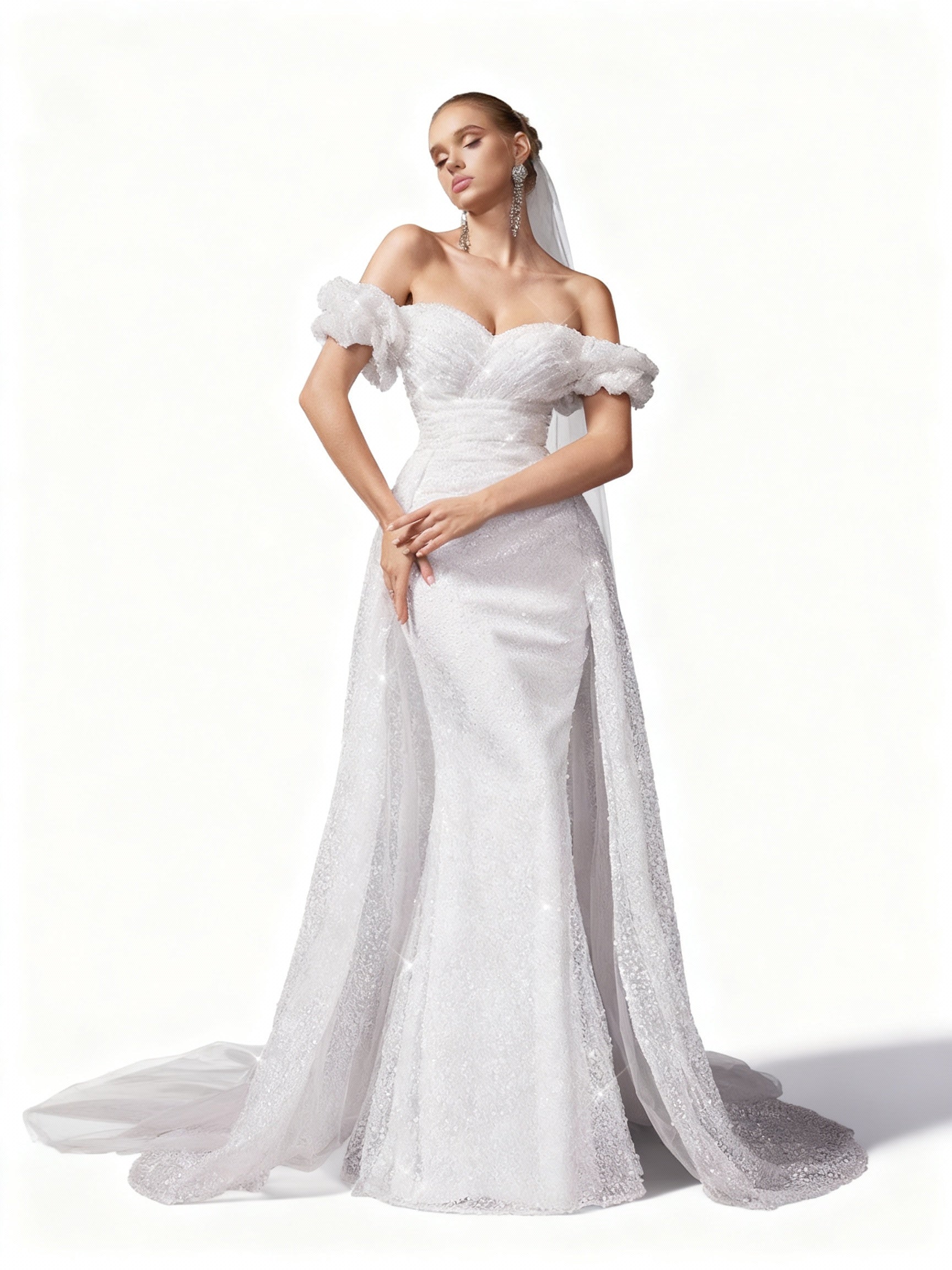 Sovae | Weißes One-Shoulder Mesh Hochzeitskleid mit Spitze