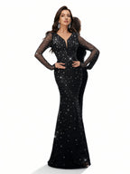 Sovae | Zurückhaltendes Schwarzes Abendkleid mit Strass und Langarm