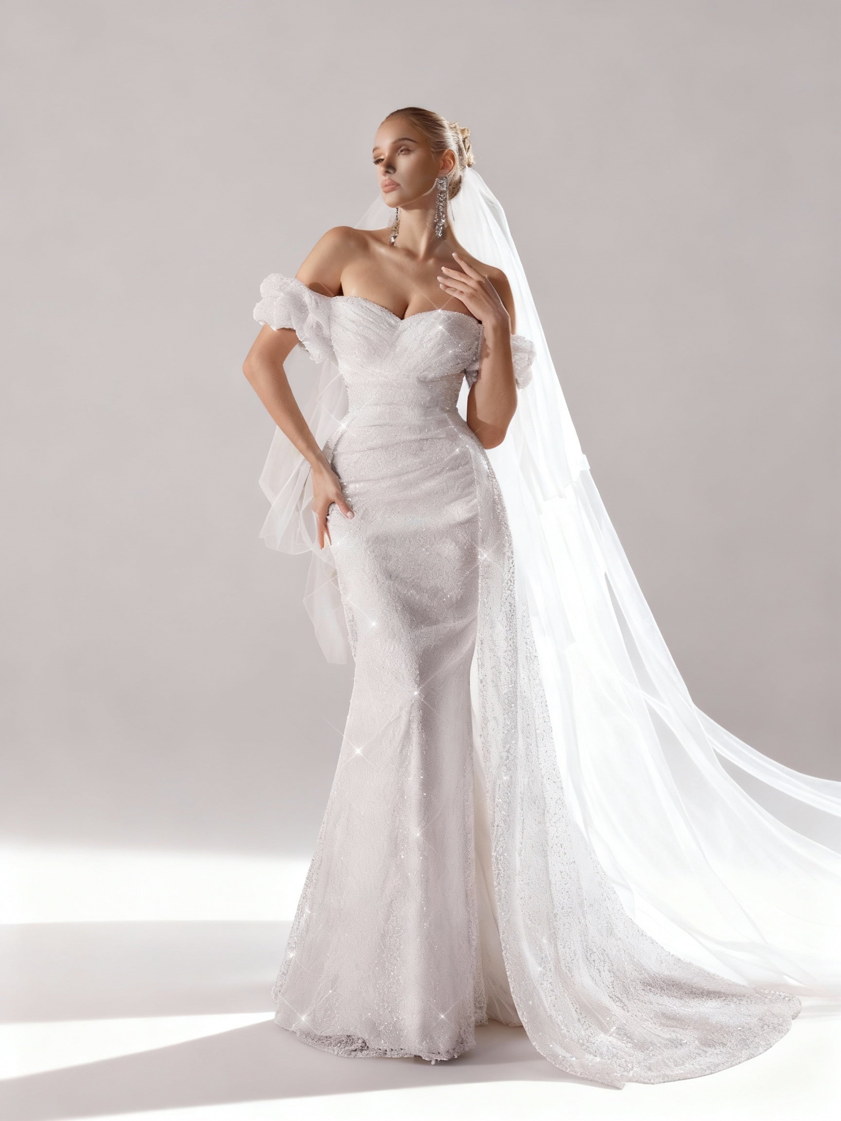 Sovae | Weißes One-Shoulder Mesh Hochzeitskleid mit Spitze