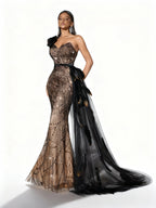 Sovae | Göttliches Schwarzes Paillettenkleid mit Applikationen und Asymmetrischem Ausschnitt