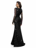 Sovae | Zurückhaltendes Schwarzes Abendkleid mit Strass und Langarm