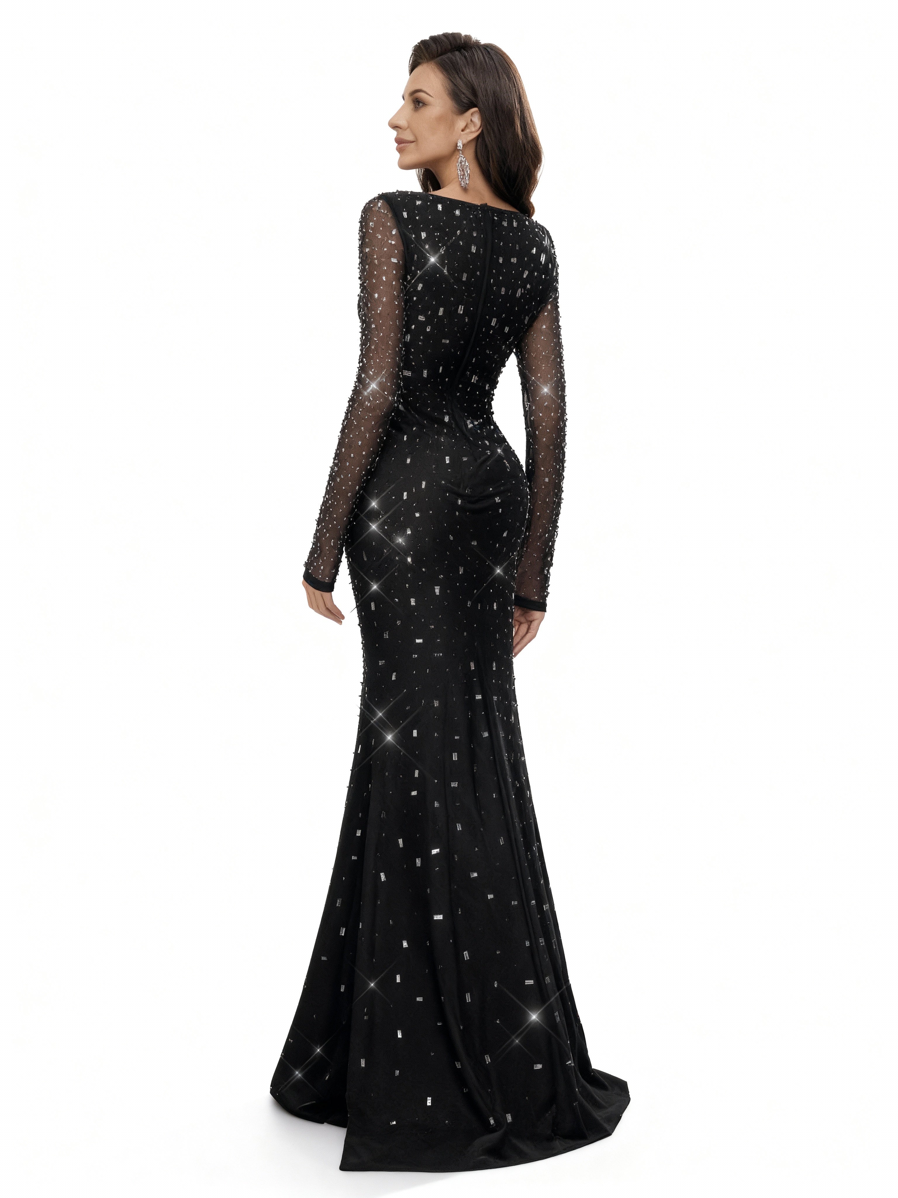 Sovae | Zurückhaltendes Schwarzes Abendkleid mit Strass und Langarm