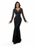 Sovae | Zurückhaltendes Schwarzes Abendkleid mit Strass und Langarm