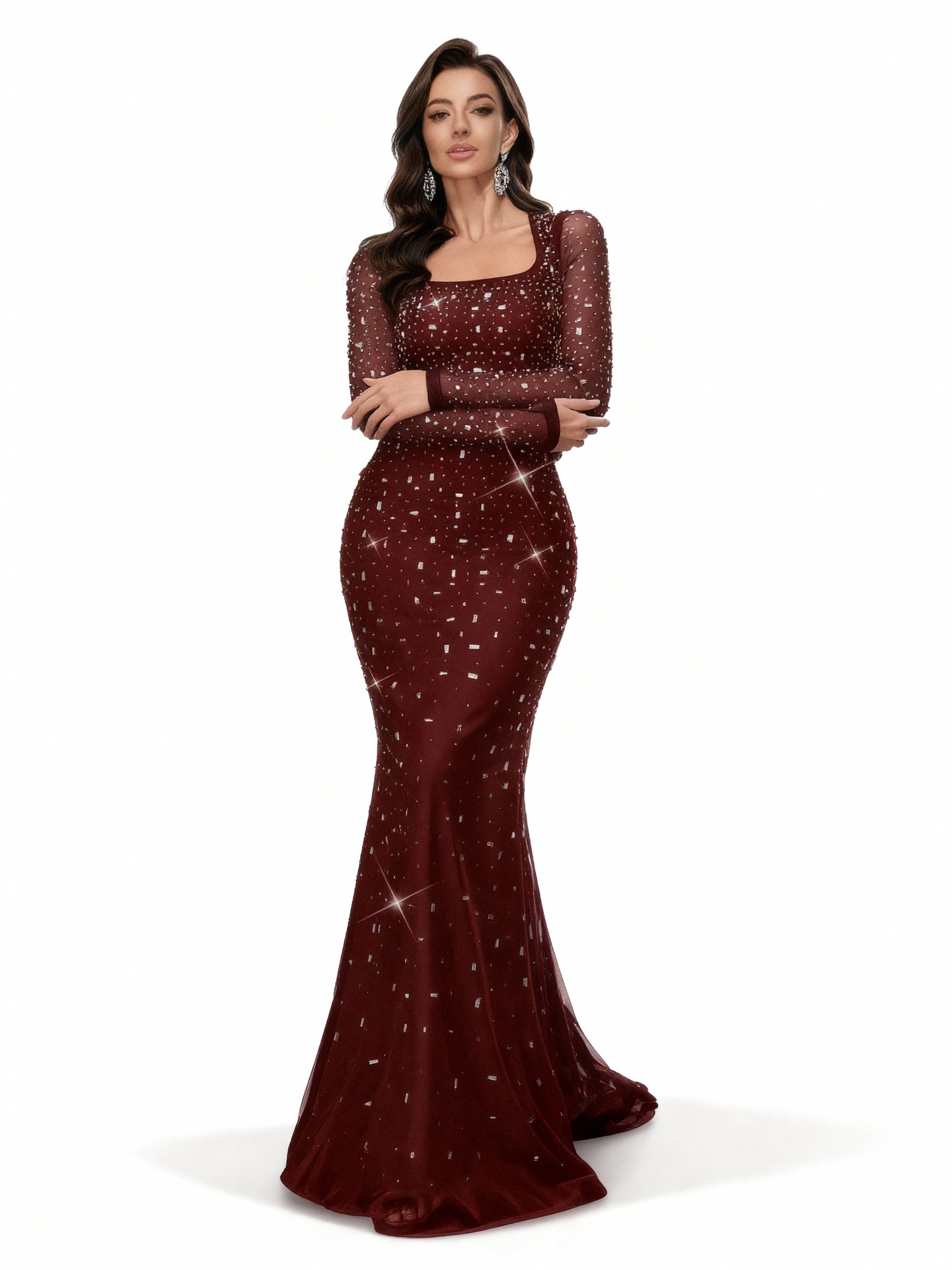 Sovae | Elegantes Abendkleid mit Strass und Langarm im Meerjungfrauenstil