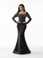 Sovae | Funkelnder Strass Mesh Langarm Overall