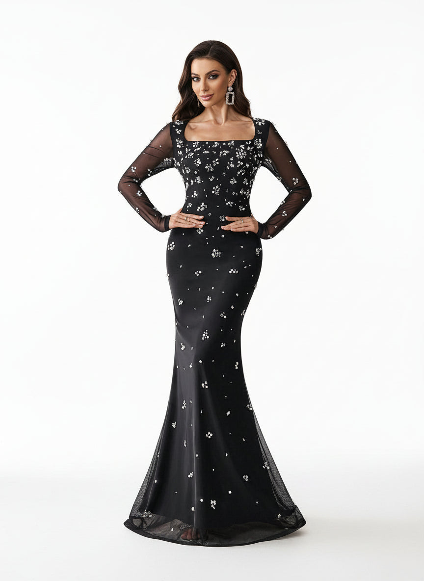 Sovae | Funkelnder Strass Mesh Langarm Overall