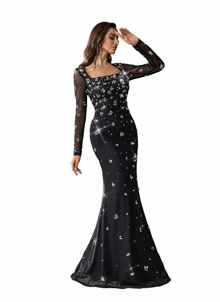 Sovae | Funkelnder Strass Mesh Langarm Overall