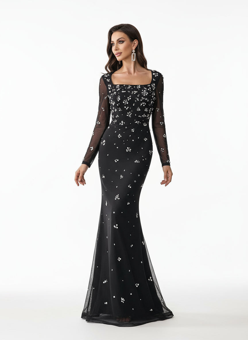 Sovae | Funkelnder Strass Mesh Langarm Overall