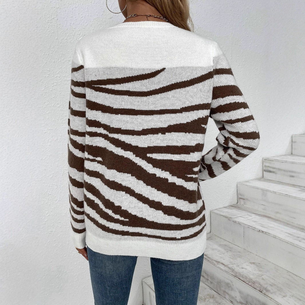 Damen gemütlicher Strickpullover mit modernem Zebrastreifen-Muster und komfortablem Schnitt Sovae