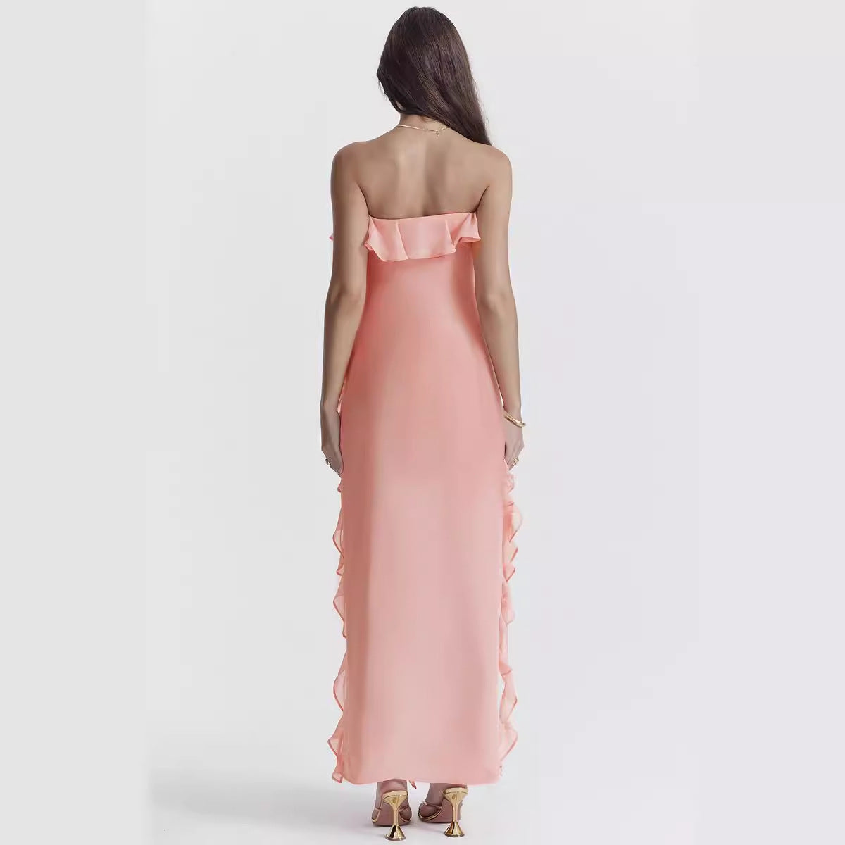 Damen elegantes, schulterfreies Maxikleid mit Rüschendetails Sovae