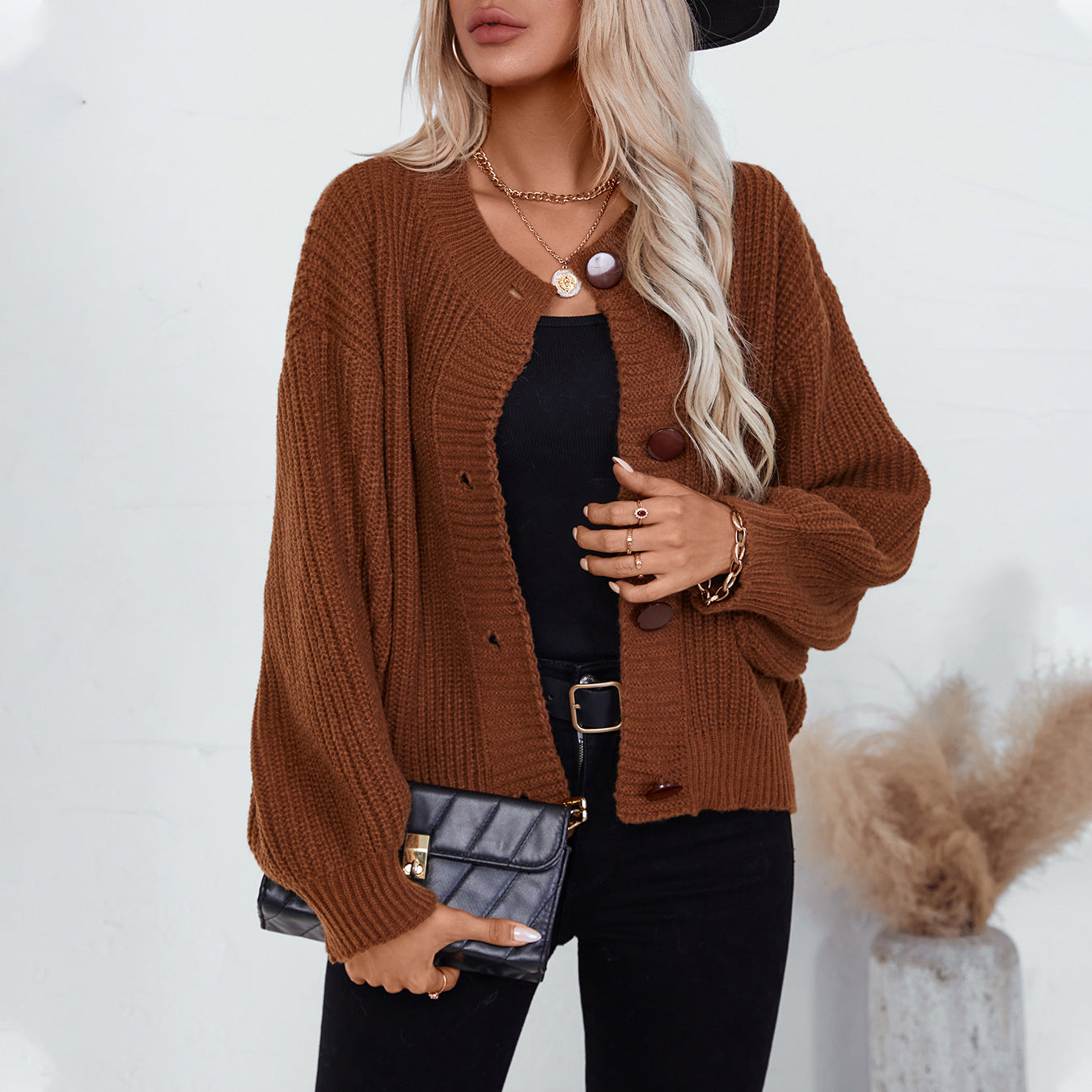 Damen gemütliche Strickjacke mit großen Knöpfen und lässigem Schnitt Sovae