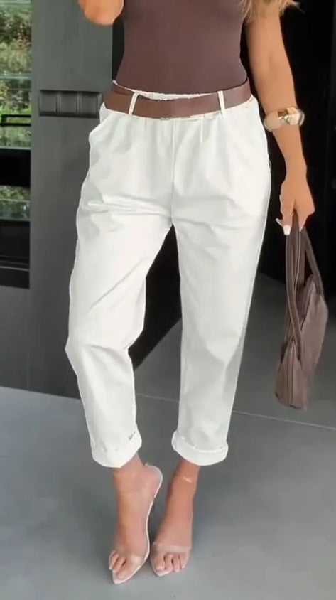 Damen elegante Baumwollhose mit hoher Taille und lässigen Falten Sovae